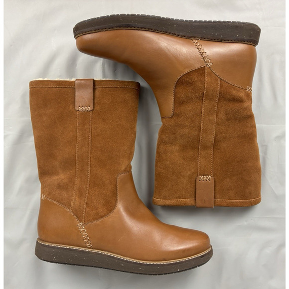 Clarks Glick Elmfield Leather Suede Shearling Winter Boots Womens 9.5 M Tan - Picture 10 of 13